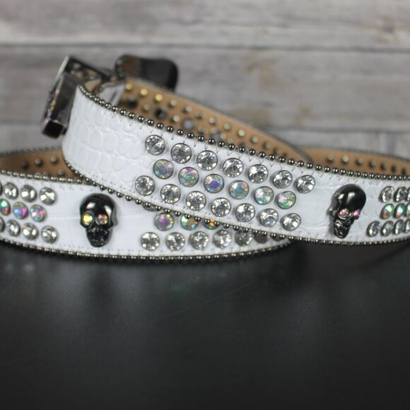 White Faux Leather Woman Belt Skull Rhinestone Western Motorcycle Bling Carnival main image 6